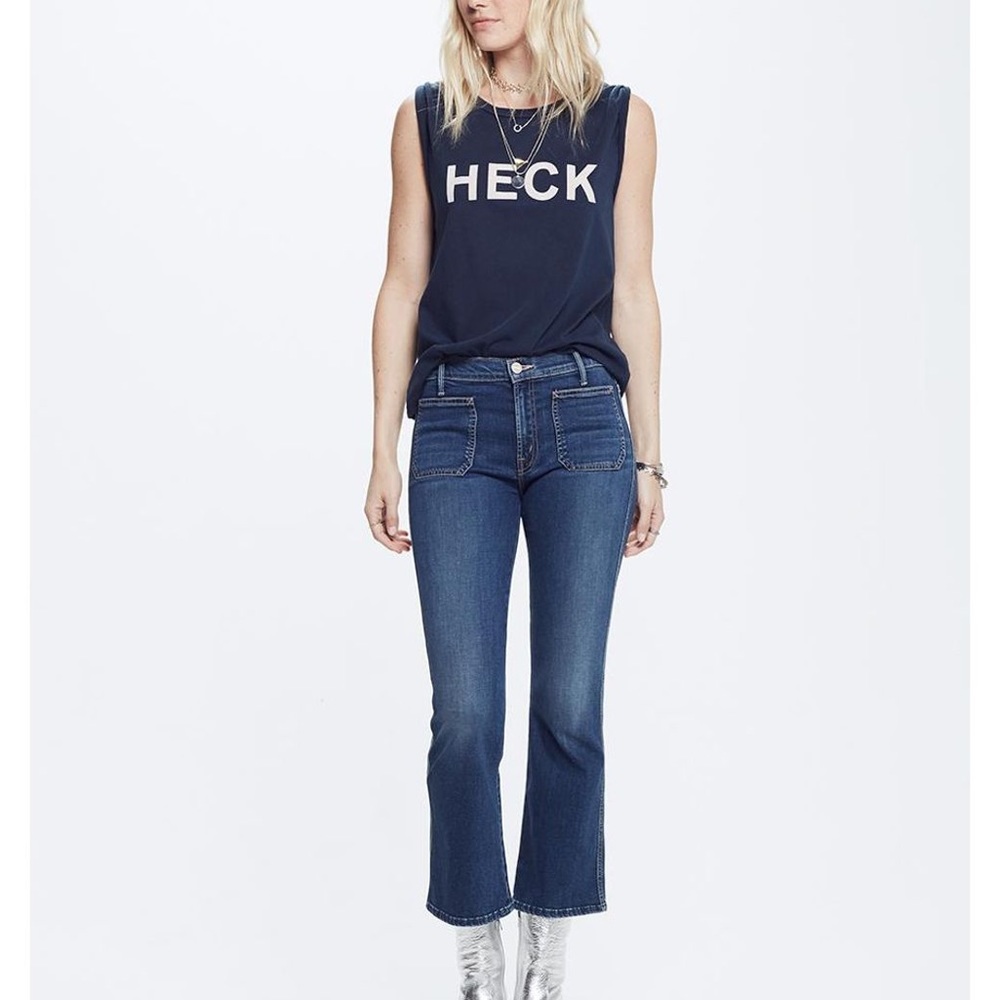 MOTHER patch slacker crop flare jeans in color faster
